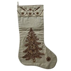 Christmas Stocking Cream Ornate Bronze‎ Sequin Christmas Tree Holiday Decor